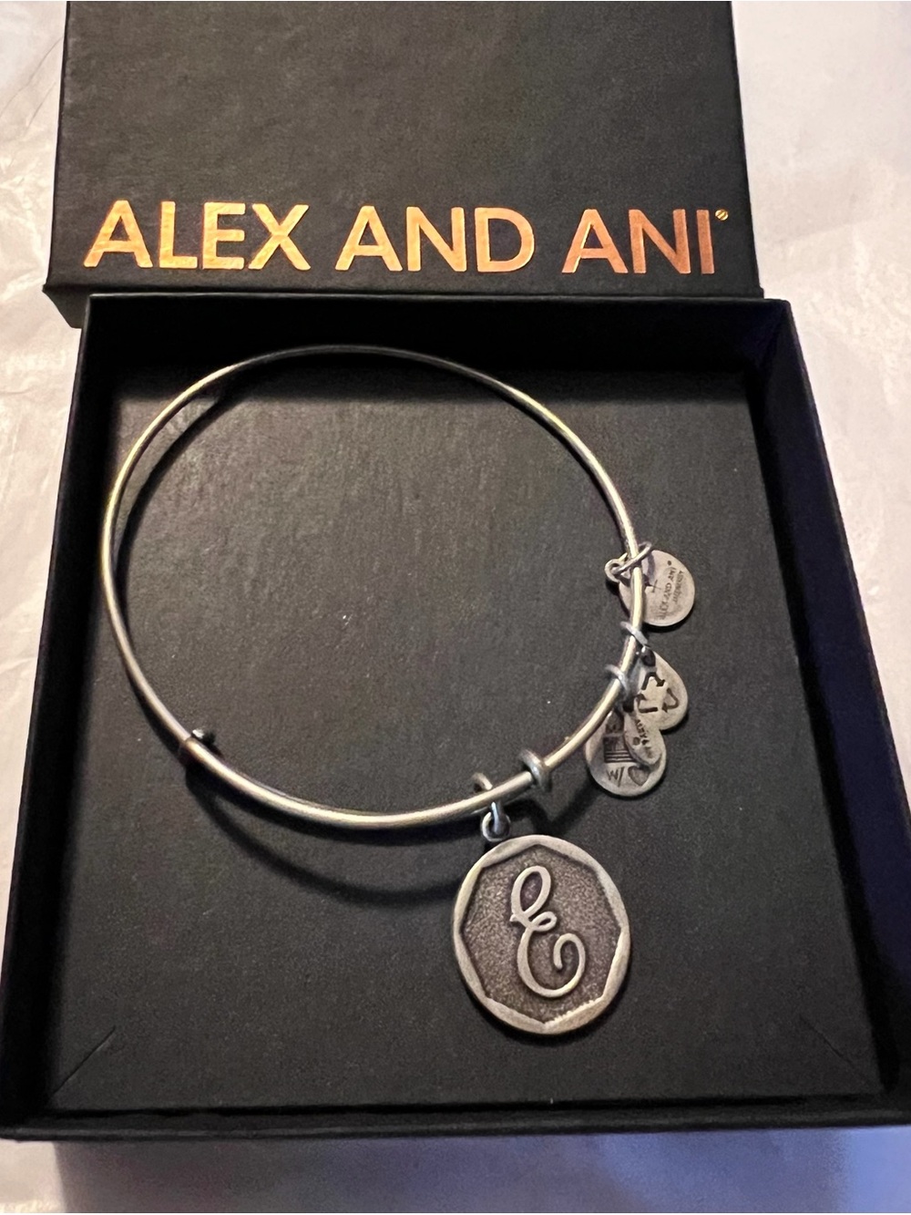 Alex and Ani Silver Tone Initial E Charm Bangle Bracelet